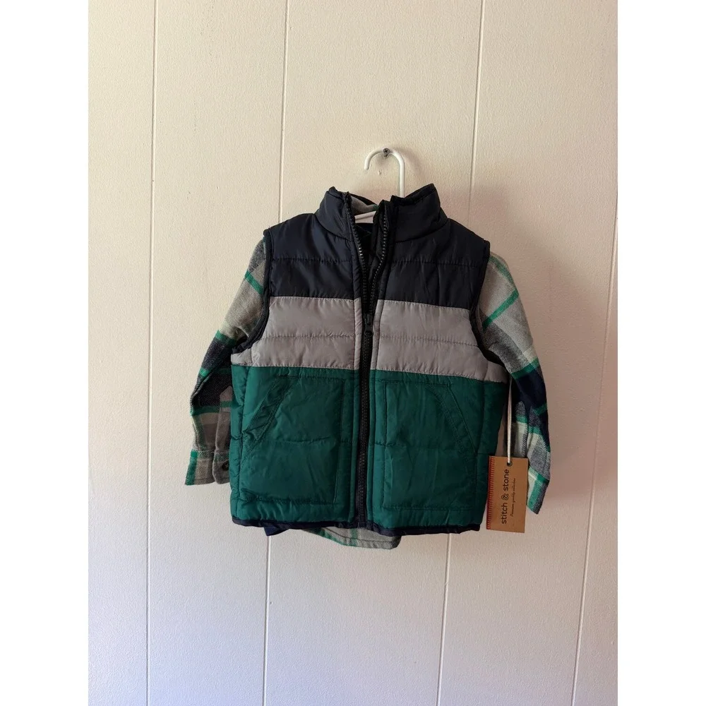 Stitch & Stone Toddler Boys 2T Puffer Vest and Plaid Flannel Shirt Set NWT